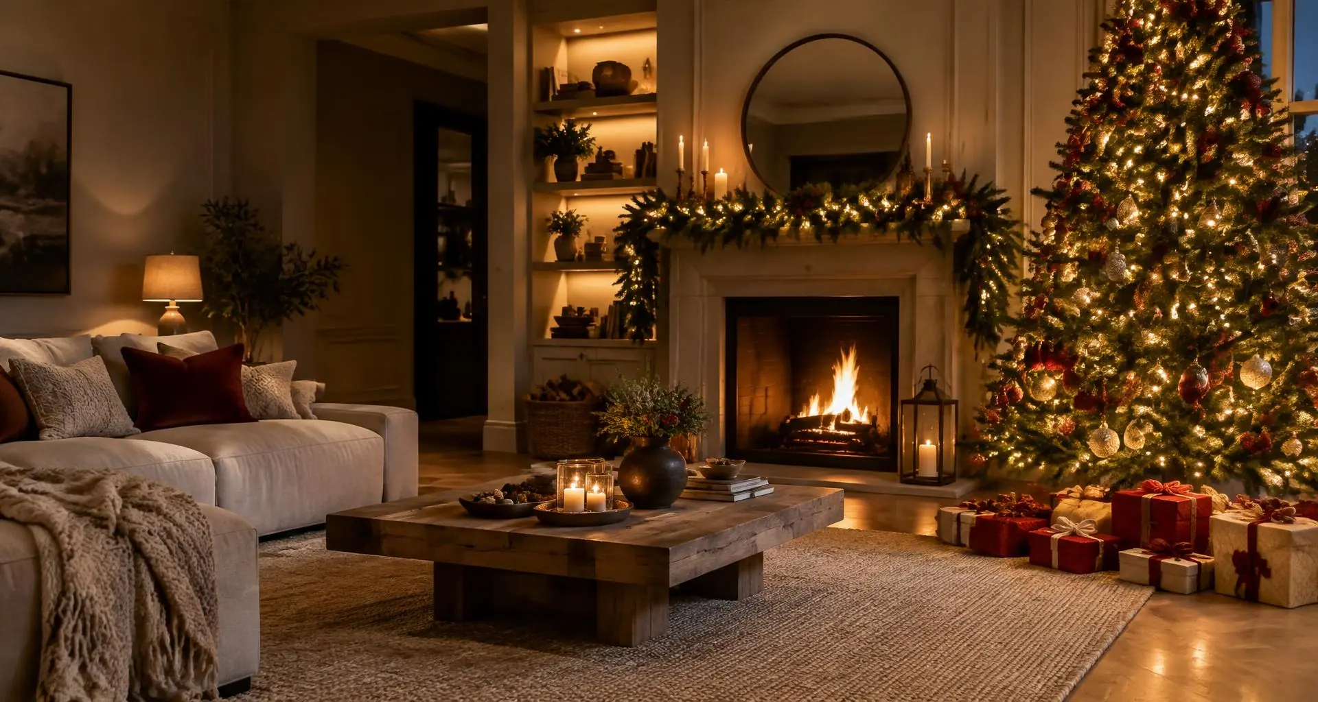 Sala decorada para o Natal com árvore iluminada e presentes